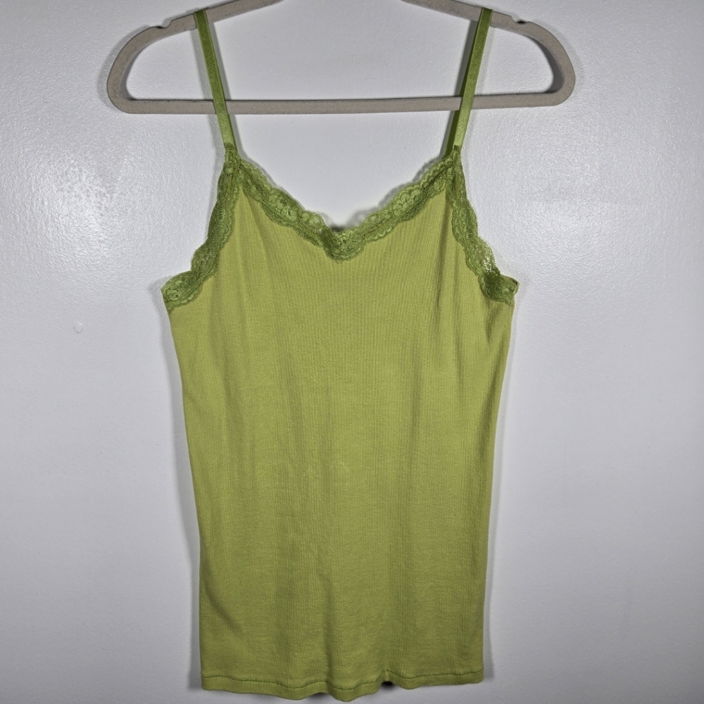 Y2K Faded Glory Lime Green Ribbed Lace Trim Cami Tank Top XL Preppy Coquette